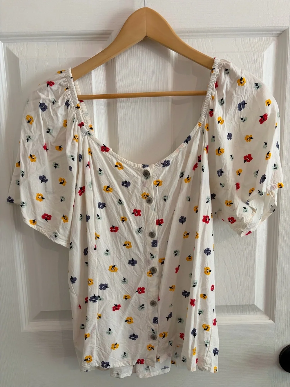 Madewell White & Floral Smocked Button Down Puff Sleeve Top - Size L
